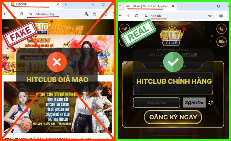 Link thật Hit.Club không yêu cầu nhập mật khẩu hay OTP ở các trang trung gian, còn link giả Hit.Club thường tạo form giả mạo.